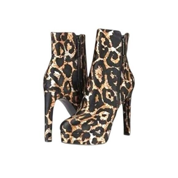 GUESS Dejah Black & Brown Leopard Print Zip Up Ankle Block Heel Boots Size 5 M - Picture 1 of 7